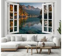 Autumn Forest Tapestry Wall Hanging - Snow-Capped Mountains And Lakes View From The Window Wall Tapestries Aesthetic Home Decor for Bedroom Living Room Nursery, 150x100 cm, Warm Golden Green