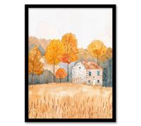 Autumn Forest Trees by Wheat Farm Stone House Framed Art Print Artery8 Yellow W12 inch x H16 inch