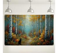 Autumn Forest Wall Backdrop, Pumpkin Cat Scenic Photography Background, Fall Party Decorations for Halloween Events 71x43 Inch