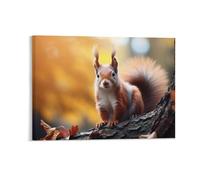 Autumn Forest Wall Decor Poster, Squirrel on A Tree Branch Framed Canvas Wall Art for Bathroom Kid's Room, Funny Fall Leaves Artworks, Thanks Giving Gifts, 45x60CM