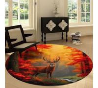 Autumn Forest Washable 90 cm Round Area Rug, Soft Fluffy Circle Carpet Rug - Stream Animals Deer Printed Short Pile Non Slip Floor Round Carpet for Entryway Living Room Bedroom