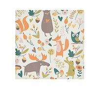 Autumn Forest with Bear Hare Squirrel Elk Owl Foxes Flowers Dinner Cloth Napkin, Set of 1 Oversized Reusable Table Napkins, Washable Premium Fabric with Hemmed Edges for Wedding Parties