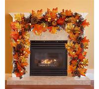 Autumn Garland 1.8m/5.9ft Artificial Maple Leaf Pumpkin Garland with Pinecone DIY Halloween Home Decorations Hanging Autumnal Wreath for Front Door Fireplace Wall (with light)