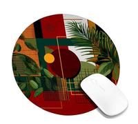Autumn Geometric Desk Mouse Pad, Red Green Yellow Abstract Leaves Stitched Edge Mousepad, Rubber Non-Slip Washable Gaming Mouse Pad for Home and Office Computer, Laptop Round 8x8 Inch