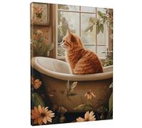 Autumn Ginger Cat Bath Canvas Wall Art, Warm Brown Floral Decor, Cozy Home Aesthetic Prints for Living Room, Bedroom, Bathroom, Wrapped Canvas 16x20 Inch