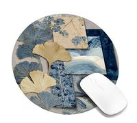 Autumn Ginkgo Leaf Mouse Pad, Navy Blue and Beige Floral Design Stitched Edge Mousemat, Rubber Non-Slip Washable Gaming Mousepad for Home and Office Computer, Laptop Round 8x8 Inch