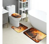 Autumn Giraffe Bathroom Mat Sets 3 Piece, Cozy Pumpkin Pattern Absorbent Non Slip Toilet Rugs U Shaped Washable, Seasonal Decorative Quick Dry Flannel Bath Rug Set