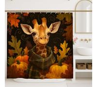 Autumn Giraffe Shower Curtain, Cute Orange Pumpkin and Yellow Leaf Bathroom Decor, Fall Seasonal Fanciful Waterproof Fabric Curtain with Hooks 72x72 Inch