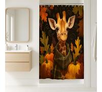 Autumn Giraffe Shower Curtain, Cute Orange Pumpkin and Yellow Leaf Bathroom Decor, Fall Seasonal Fanciful Waterproof Fabric Curtain with Hooks 36x72 Inch