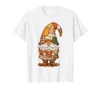 Autumn Gnome Patchwork Pumpkin Harvest Design Value Graphic T-Shirt, Men, White, XL