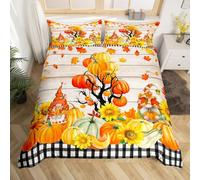 Autumn Gnomes Duvet Cover Set King Size, Pumpkin Sunflower Maple Leaves Bedding Set 3pcs for Kids Boys Girls, Fall Harvest Theme Comforter Cover Soft Polyester Quilt Cover with 2 Pillowcases