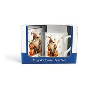 Autumn Gnomes Mug & Coaster Gift Set - Autumnal Leaves & Pumpkins Small Bone China Mug and Cork Coaster Set - Tea/Coffee Present