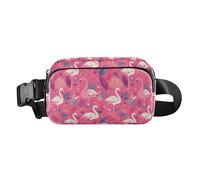 Autumn Gnomes Yellow Leaves Berries Vintage Large Capacity Fanny Waist Pack with Adjustable Strap for Workout Running, Pink and White Color Flamingo Illustration, One Size