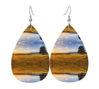 Autumn Golden Grass Landscape Printed Teardrop Pendant Leather Earrings | Lightweight and Versatile Earrings | Suitable for Daily Commute and Date Wear