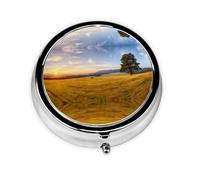 Autumn Golden Grass Landscape This Small, Round, Three-Compartment Travel Pill Box is Perfect for Storing Daily medications, Vitamins, and on-The-go.