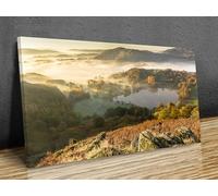 Autumn Grasmere Lake Print, English Lake District Photography,Panoramic View, Nature Wall Art, Panoramic Canvas Wall Decor, Earth Tones mounted canvas print ready to hang (30x16in 75x40cm)