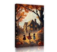 Autumn Halloween Canvas Painting Pumpkin Children Trick or Treat Art Wall Decor Mysterious Cottage Scene Wall Art Lobby Room Posters 50x70cm Innerframe