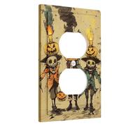 Autumn Halloween Light Switch Cover Plates/Outlet Covers,Jolly Pumpkin Heads with Skeletons for Spooky Decor,Thermoplastic Wall Plates,Standard Size Single Duplex Outlet