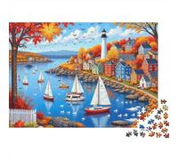 Autumn Harbor Scene 1000pc Lighthouse Bay Heavy-duty Cardboard Jigsaw Puzzle for Brain Teaser Lovers Team Building Holiday Pastime 38x26cm/1000pcs