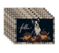 Autumn Harvest Boston Terrier Placemats, Navy Dog Decor for Thanksgiving Table, Non-Slip Washable Indoor Outdoor Decorative Place mats Set of 6