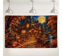 Autumn Harvest Cottage Halloween Backdrop Banner 71x43 Inch | Glowing Jack-o'-lanterns, Photography Backdrop, Autumn Forest Landscape, Full Moon Scenery, Warm Harvest Ambiance