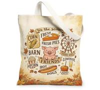 Autumn Harvest Fair Theme Pigs Canvas Tote Bag 13x15 Inch | Autumn Harvest Theme, State Fair Motifs, Fanciful Line Art, Rustic Country Style, Seasonal Food Illustrations