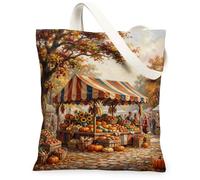 Autumn Harvest Farmers Market Scene Canvas Tote Bag 13x15 Inch, Orange