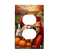 Autumn Harvest Light Switch Cover Plate/Outlet Covers, Fall Themed Vintage Red Truck with Animal and Pumpkins, Thermoplastic Wall Plates, Standard Size Single Duplex Outlet
