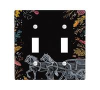 Autumn Harvest Light Switch Cover Plates/Outlet Covers, Black with Hand-Drawn Horses and Pumpkins, Fall Decor for Home Accents, Thermoplastic Wall Plates, Standard Size Double Toggle