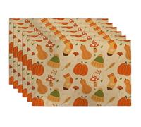 Autumn Harvest Pumpkin and Mushroom Placemats, Orange Rustic Fall Table Mats for Dining Room, Non-Slip Washable Indoor Outdoor Party Decorative Placemat Set of 6