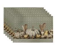 Autumn Harvest Pumpkins and Apples Placemats, Green Rustic Decorative Place mats for Dining Table, Non-Slip Washable Indoor Outdoor Fall Party Placemat Set of 6