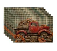 Autumn Harvest Red Truck Placemats, Rustic Fall Decor for Thanksgiving Dining, Non-Slip Washable Indoor Table Mats Set of 6