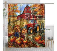 Autumn Harvest Shower Curtain, Fall Red Tractor Barn Pumpkin Patch Shower Curtain for Bathroom Decor, Halloween Thanksgiving Rustic Waterproof Fabric Shower Curtain Set with Hooks 62x72 Inch