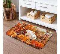 Autumn Harvest White Mouse Bath Mat, Cozy Farmhouse Pumpkin Design Non Slip Shower Rug, Seasonal Fall Decor Flannel Washable Mat for Bathroom 20x32 Inch