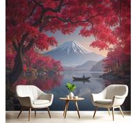 Autumn Healing Scenery Mural Wallpaper, Mount Fuji Maple Leaves Small Boat Photo Wallpaper for Bedroom, Living Room, TV Backdrop, Office, 3D Panoramic Wall Mural Silk Wall Paper 200x140cm (WxH)