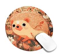 Autumn Hedgehog Floral Desk Mouse Pad, Warm Orange Cute Hedgehog Design Stitched Edge Mousepad, Rubber Non-Slip Washable Gaming Mouse Pad for Home and Office Round