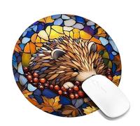 Autumn Hedgehog Mouse Pad, Colorful Stained Glass Design, Non-Slip Rubber Mousepad for Home and Office, Fall Season Cute Animal Style Round 8x8 Inch