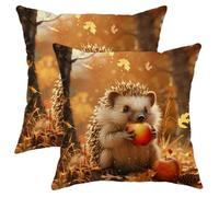 Autumn Hedgehog Pillow Covers Set of 2, Fall Cute Animal Throw Pillow Cases, Woodland Theme Decorative Cushion Covers for Living Room Sofa Bed Couch 16x16 Inch