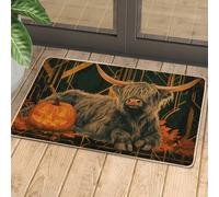 Autumn Highland Cow Doormat, Orange Pumpkin Door Mat for Halloween Indoor & Outdoor Use, Rustic Decor, Non-Slip Water-Resistant Dust Absorbent Entrance Rug, Easy Clean 29x17 Inch