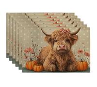 Autumn Highland Cow Placemats, Brown Country Floral Place mats for Dining Table, Non-Slip Washable Indoor Outdoor Party Decorative Placemat Set of 6