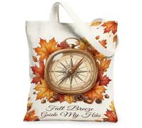 Autumn Hiking Compass Quote Canvas Tote Bag 13x15 Inch | Maple Leaf Accents, Acorn Details, Inspirational Quote, Rustic Style, Outdoor Adventure Theme