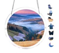 Autumn Hills Mist Vibrant Foliage Landscape Acrylic Round Puzzle 7.8x7.8Inch Hanging Decor