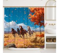 Autumn Horses Shower Curtain, Colorful Rustic Fall Décor, Equestrian Modern Art Bathroom Set, Nature Inspired Blue and Orange Eco-Friendly Fabric Shower Curtain with Hooks 72x84 Inch