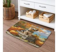 Autumn Inspired Cozy Dog Bath Mat, Cute Puppy and Pumpkin Design Absorbent Non Slip Shower Rug, Seasonal Fall Home Decor for Bathroom Toilet Restroom 16x24 Inch