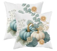 Autumn Inspired Throw Pillow Covers Set of 2, Teal and White Pumpkin Decorative Cushion Cases, Cozy Fall Seasonal Farmhouse Decor for Sofa Couch Bed 16x16 Inch