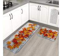 Autumn Kitchen Mats for Floor, Colorful Maple Leaves Vintage Rustic Soft Mats, Cushioned Comfort Washable Non Slip Decor Rugs for Kitchen Sinks Laundryroom Bathroom 2PCS