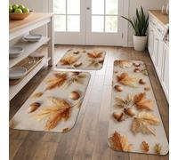 Autumn Kitchen Mats for Floor, Leaf and Acorn Pattern Soft Mats, Cushioned Comfort Washable Non Slip Decor Rugs for Kitchen Sinks Laundryroom Bathroom 3Pcs