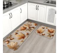 Autumn Kitchen Mats for Floor, Leaf and Acorn Pattern Soft Mats, Cushioned Comfort Washable Non Slip Decor Rugs for Kitchen Sinks Laundryroom Bathroom 2PCS