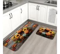 Autumn Kitchen Mats for Floor, Rustic Pumpkin and Sunflower Design Soft Mats, Cushioned Comfort Washable Non Slip Decor Rugs for Kitchen Sinks Laundryroom Bathroom 2PCS