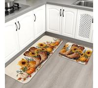 Autumn Kitchen Mats for Floor, Rustic Sunflower and Pumpkin Design Cushioned Comfort Washable Non Slip Decor Rugs for Kitchen Sinks Laundryroom Bathroom 2PCS